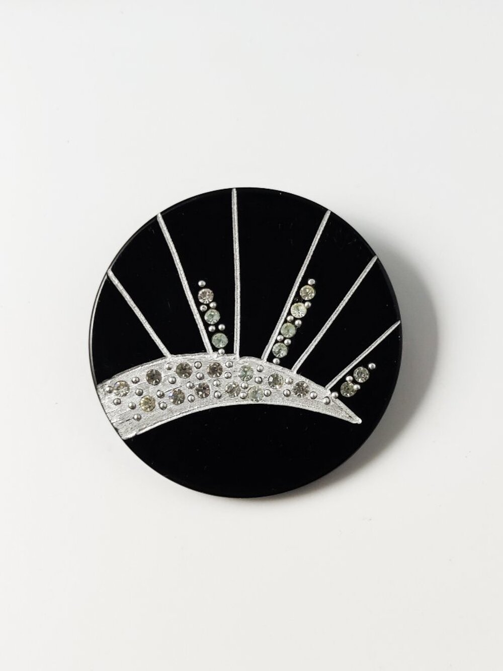 Vintage Black Lucite Rhinestone Brooch Retro